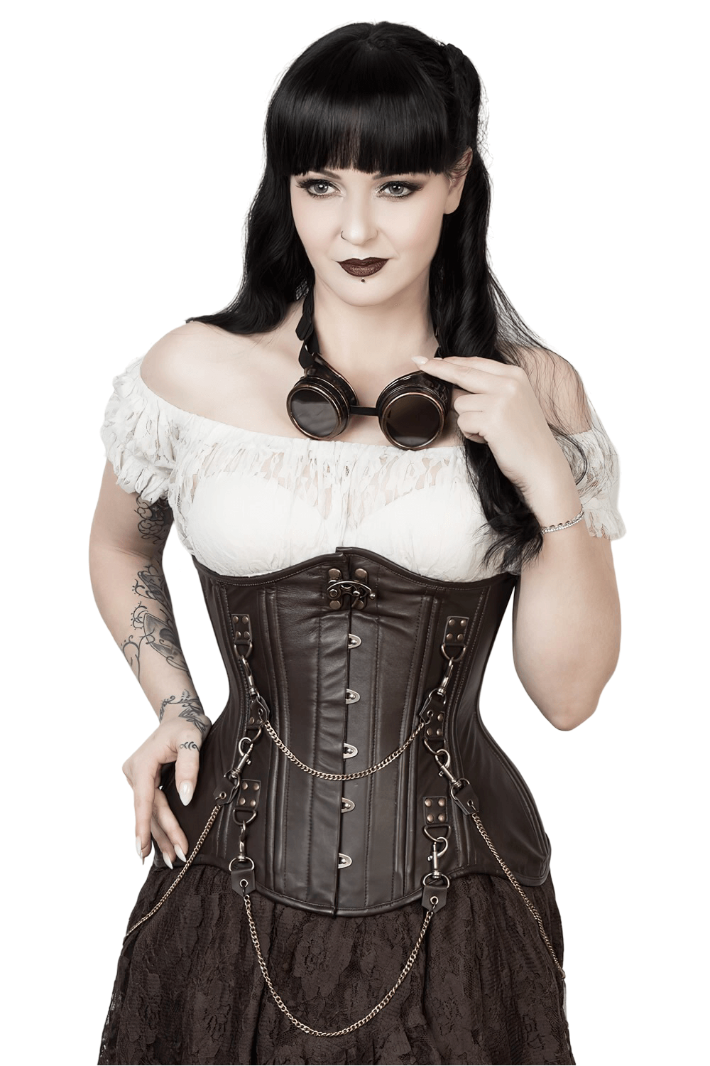 Vintage steampunk corset with chains and clasps, perfect for cosplay or alternative fashion styling.