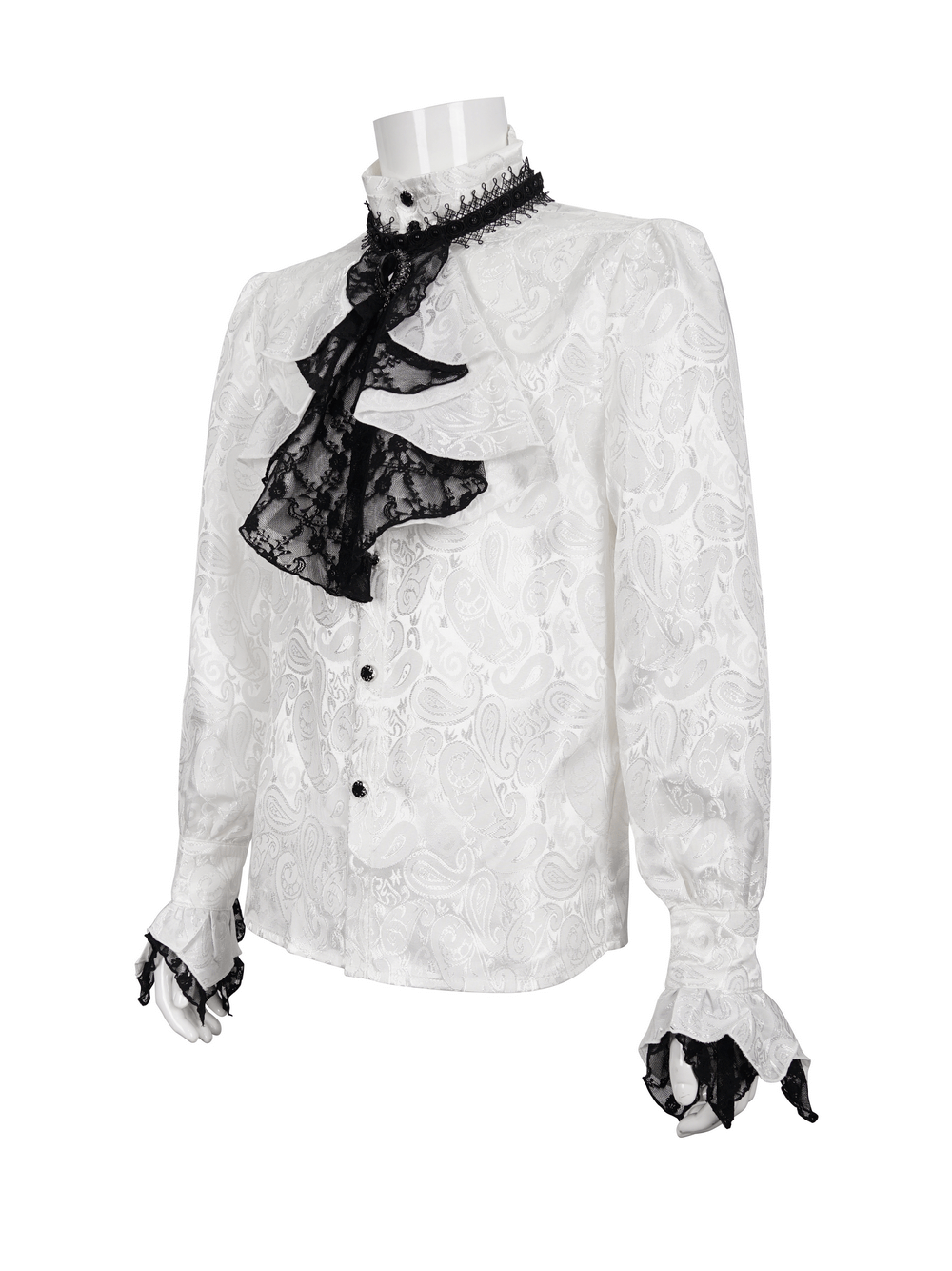 Steampunk white men's shirt with black tie collar, vintage design, long sleeves and intricate lace details.