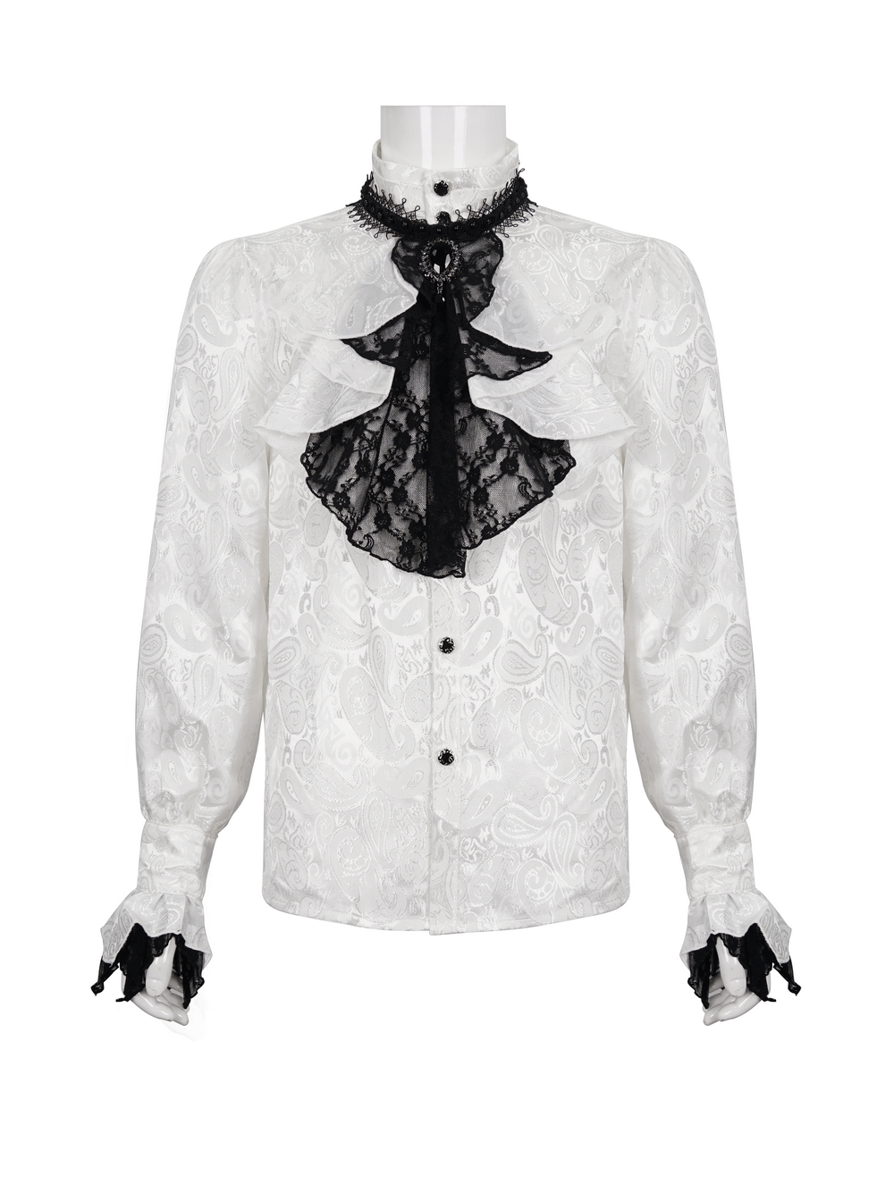 Steampunk white men's shirt with black lace tie collar and ruffle sleeves, perfect for vintage-inspired fashion.