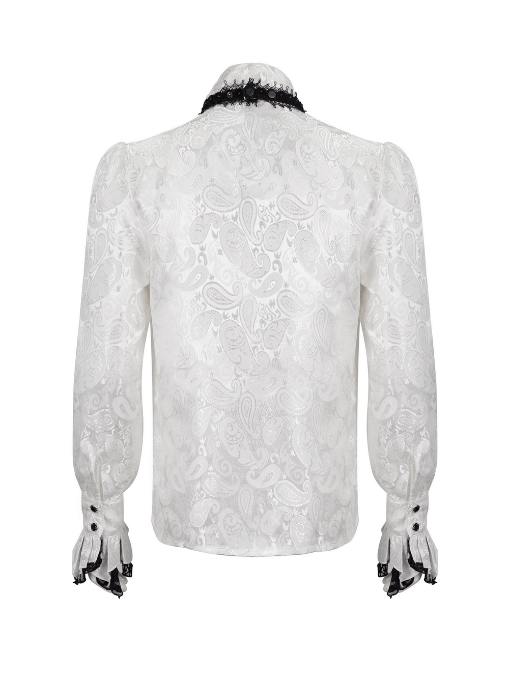 Elegant back view of a steampunk white men's shirt with intricate vintage paisley pattern and black tie collar.