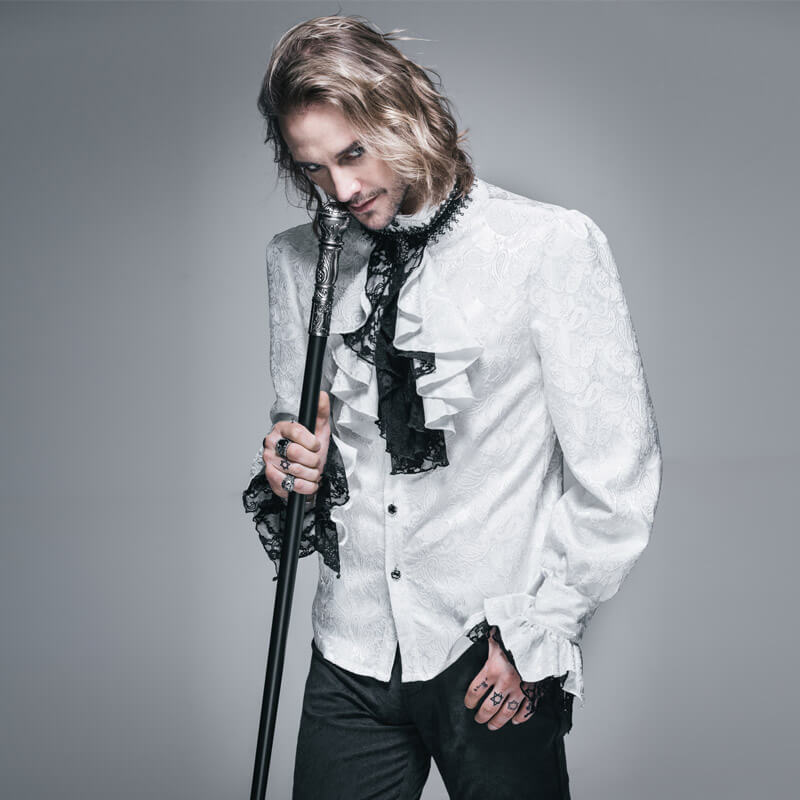 Men's vintage steampunk white shirt with tie collar and ruffles for a stylish retro look.