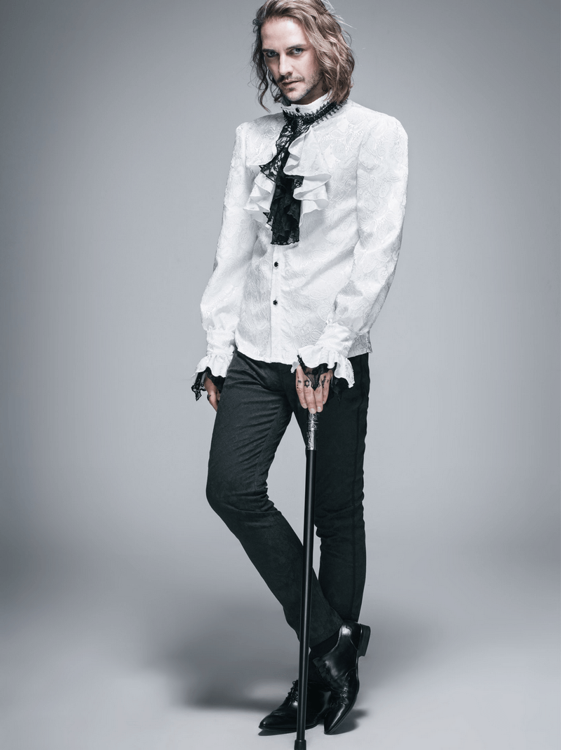 Steampunk white men's shirt with tie collar, vintage style, long sleeves, and stylish cane in a modern photoshoot.