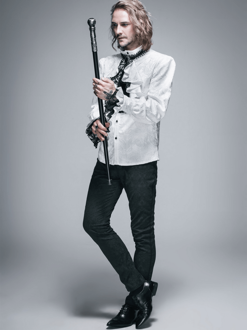 Steampunk white men's shirt with tie collar, vintage style, modeled by a man holding a cane.