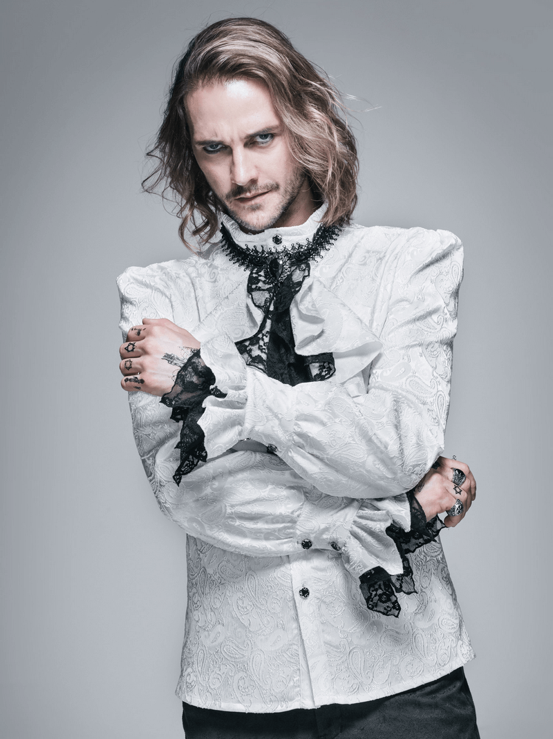 Steampunk men's white shirt with black tie and lace details, vintage style, perfect for a distinguished look.
