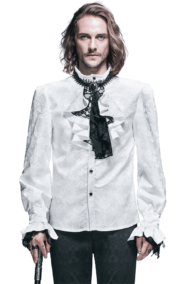 Steampunk white men's shirt with tie collar, featuring vintage pattern and long sleeves, perfect for a retro look.