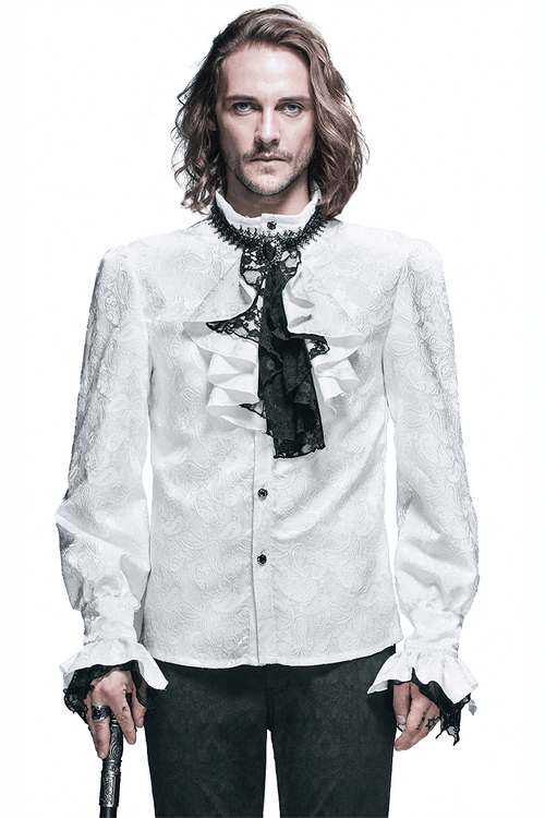 Steampunk White Men's Shirt With Tie Collar / Male Vintage Pattern Long Sleeves Shirts
