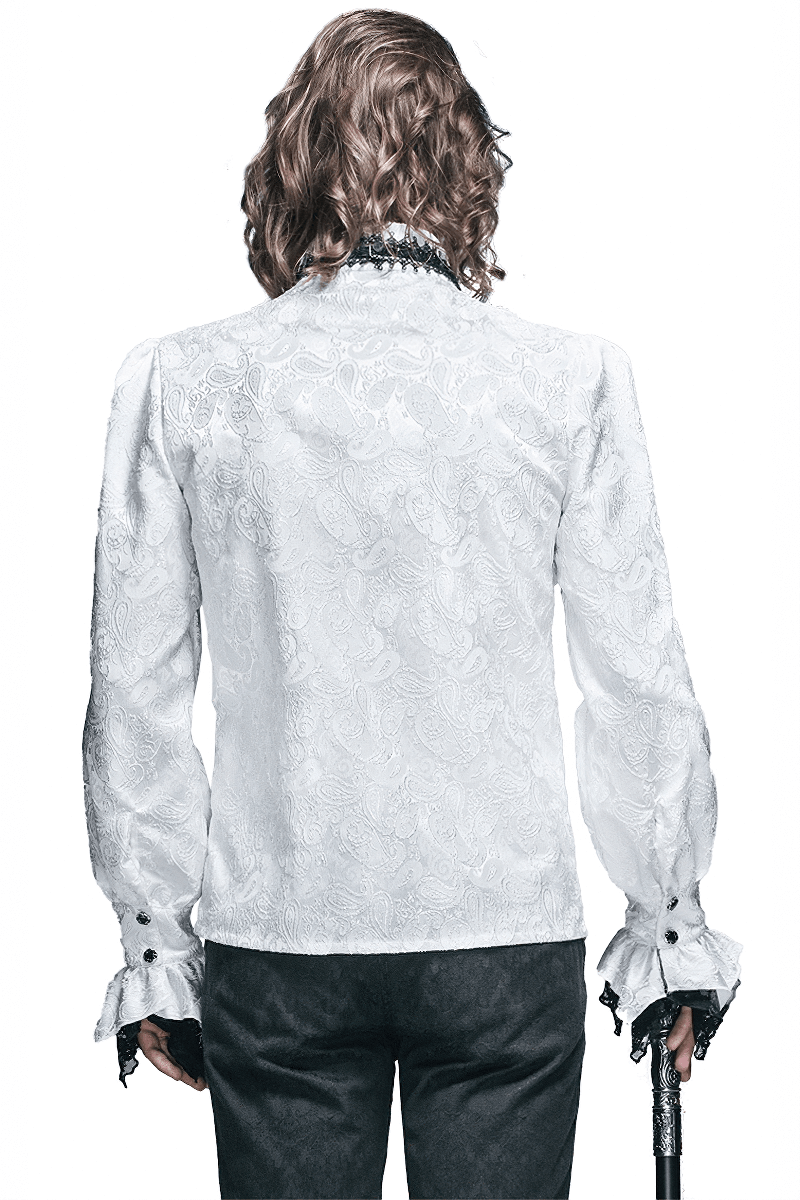 Back view of a men's vintage steampunk white shirt with elegant details and tie collar.