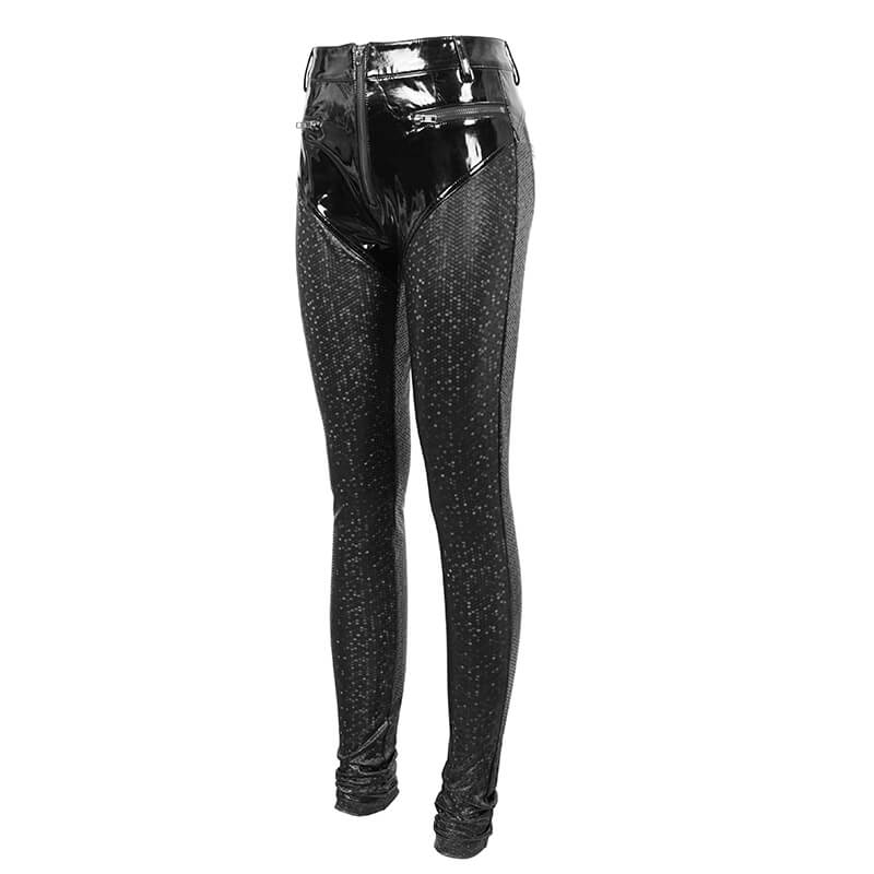 Trendy Cyberpunk women's black PU leather pants with a slim fit and stylish design.
