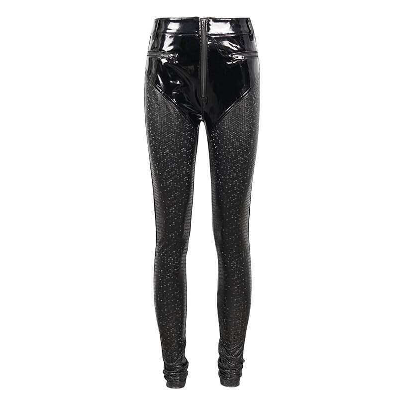 Cyberpunk women's fitted black PU leather pants with stylish design, perfect for trendy looks and comfortable wear.