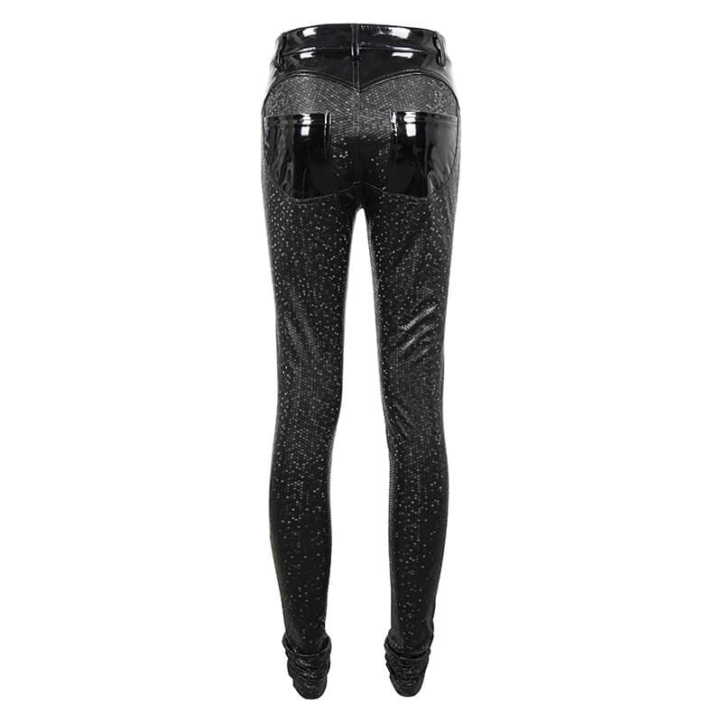 Back view of women's black PU leather pants with stylish pockets in a trendy cyberpunk design.