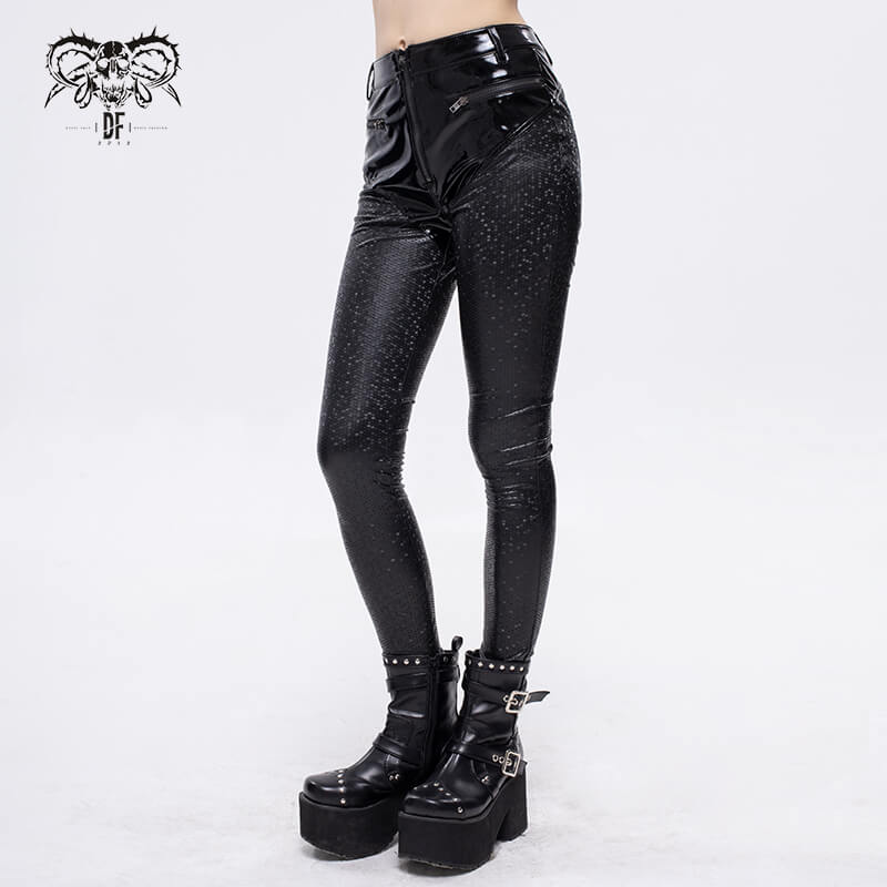 Stylish women's black PU leather pants in cyberpunk style, featuring a slim fit and trendy design.