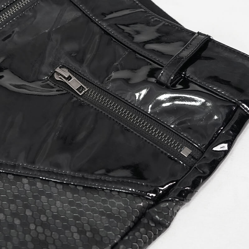 Close-up of stylish black PU leather pants featuring sleek zipper detail, a trendy cyberpunk design.