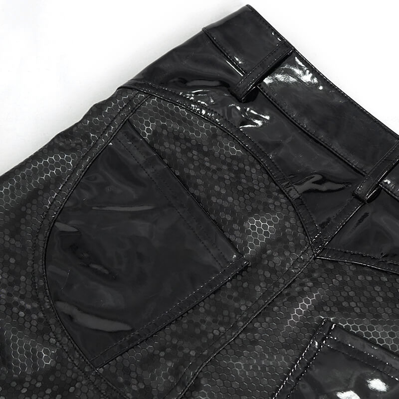 Close-up of stylish cyberpunk black PU leather pants, showcasing the unique honeycomb pattern and sleek design.