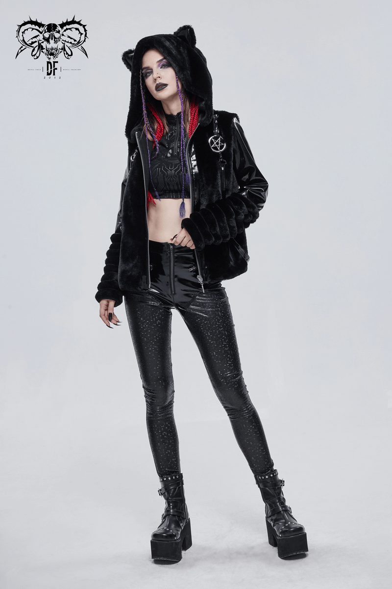 Trendy woman in black PU leather pants and a hooded jacket, showcasing a stylish cyberpunk fashion look.