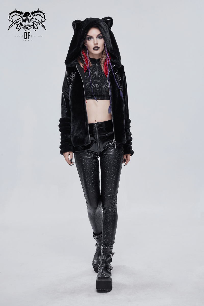 Trendy woman in cyberpunk style, wearing black PU leather pants and a hooded sweater with cat ears.