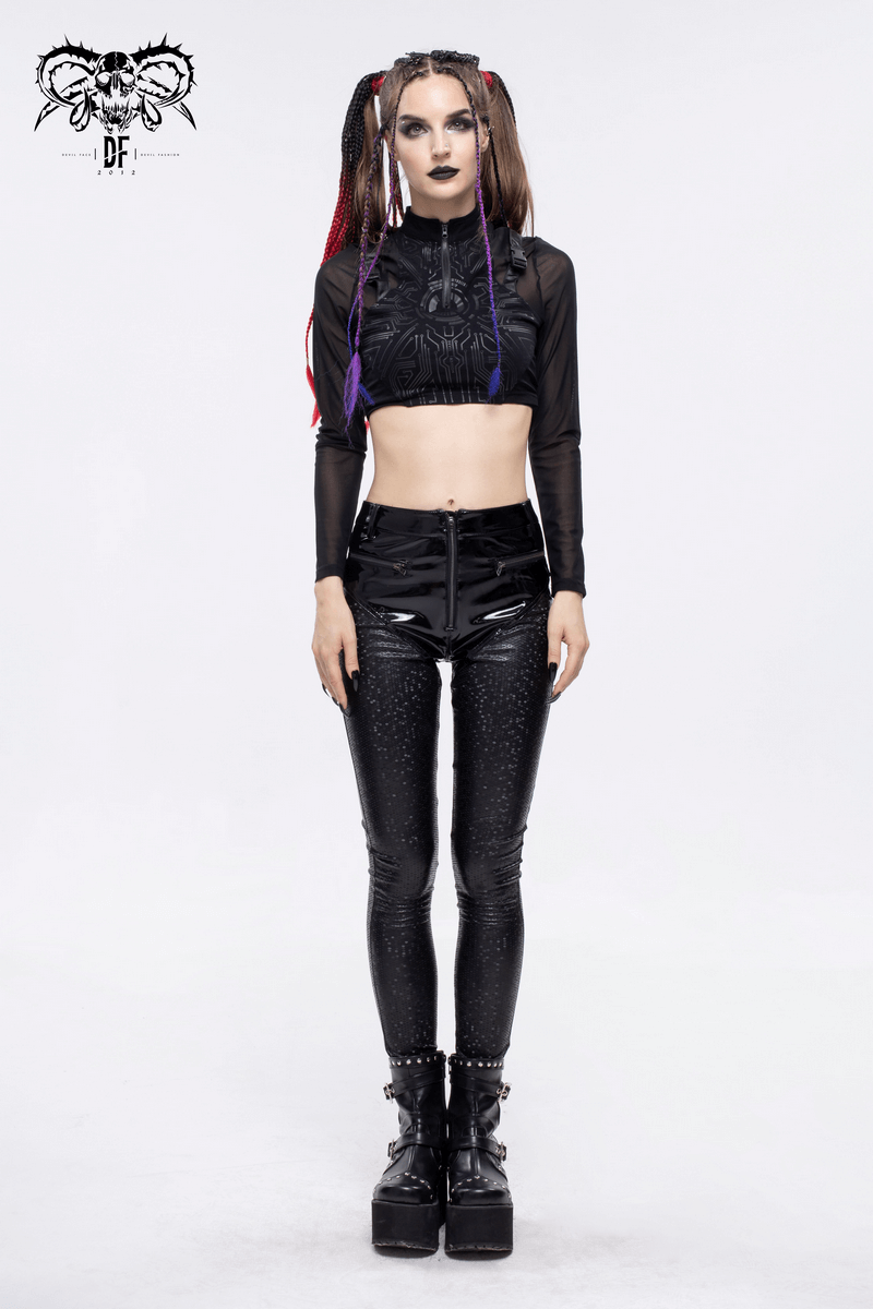 Trendy cyberpunk woman in black PU leather pants and cropped top, showcasing a stylish and edgy look.