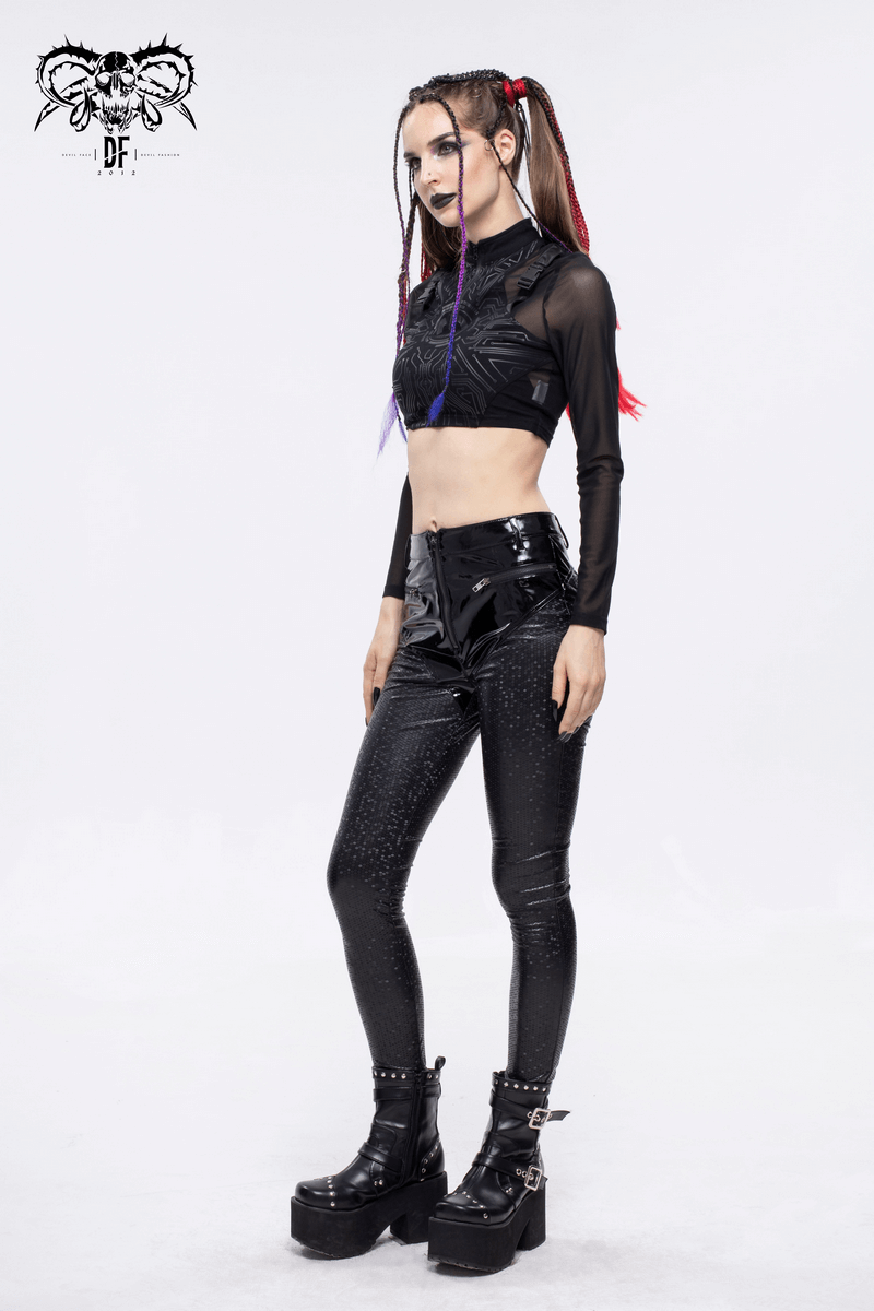 Model showcasing cyberpunk women's black PU leather pencil trousers with stylish top and platform boots.