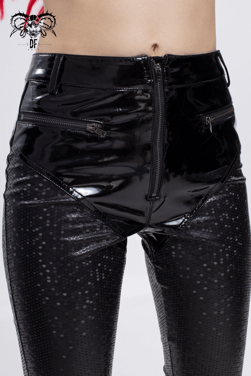 Close-up of women's black PU leather pants featuring a sleek high waist and stylish zip pockets in a trendy cyberpunk design.