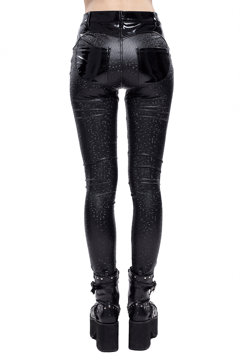 Back view of trendy Cyberpunk women's black PU leather pants with sleek design and slim fit silhouette.