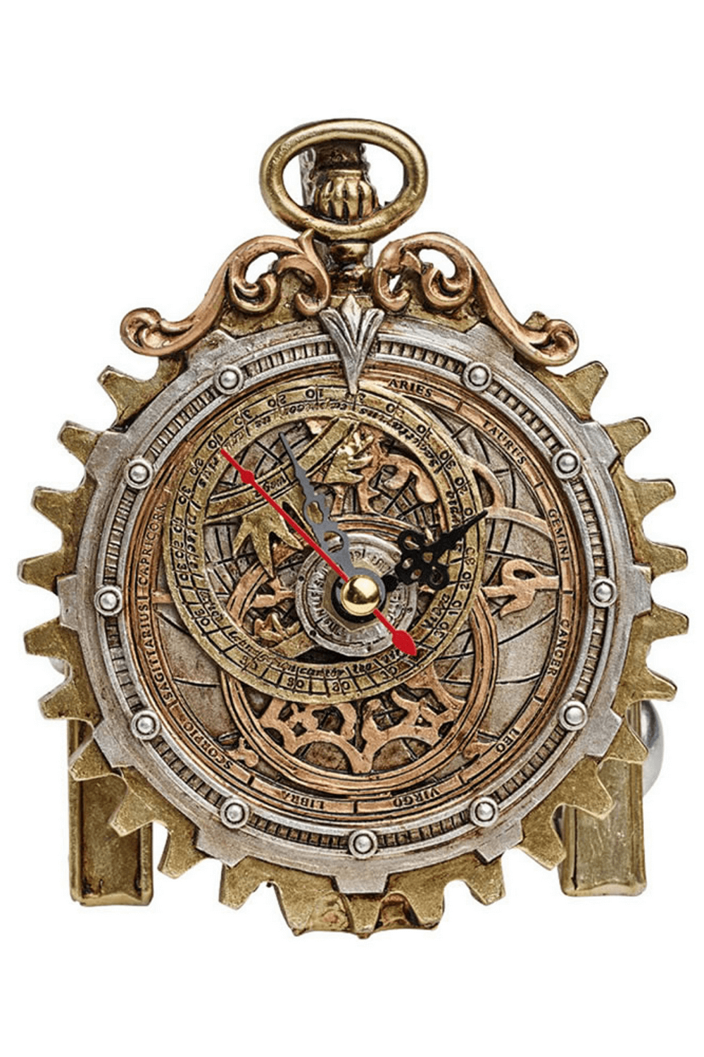 Antiqued steampunk zodiac clock featuring intricate gears and celestial designs, perfect for collectors.