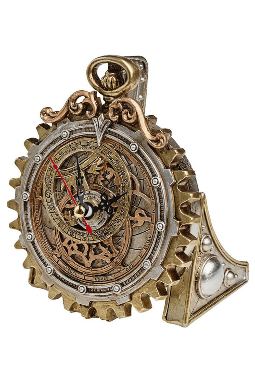 Antiqued steampunk zodiac clock with intricate metal gears and celestial symbols, showcasing timeless craftsmanship.