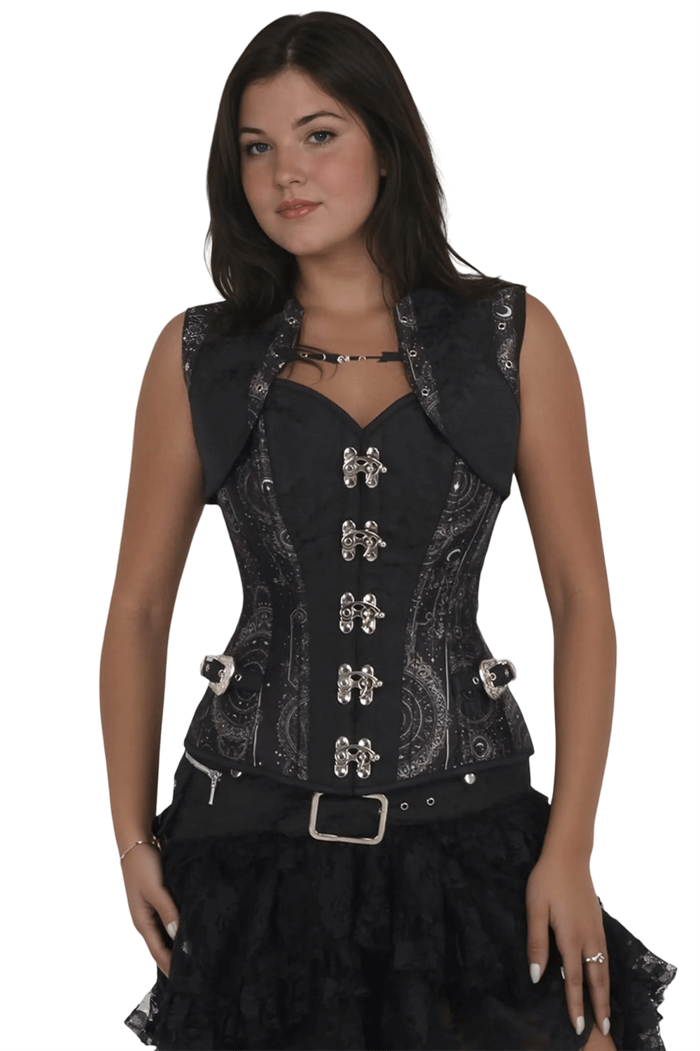 Stylish woman wearing a steampunk overbust corset with zodiac print and silver buckles, paired with a ruffled skirt.