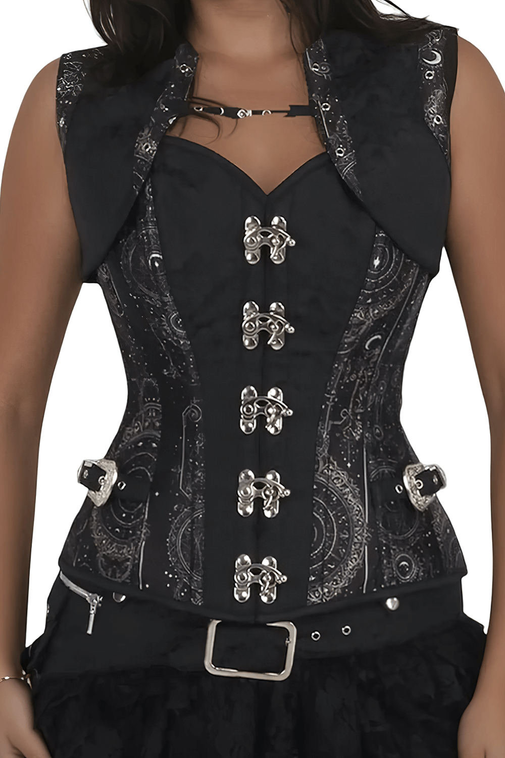 Steampunk overbust corset with zodiac print, silver buckles, and brocade panels for striking style.