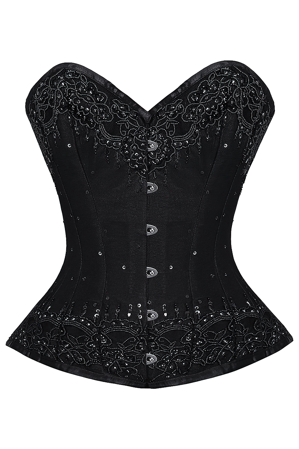 Elegant black overbust corset with intricate lace detailing and metal busk closure for a gothic couture look.