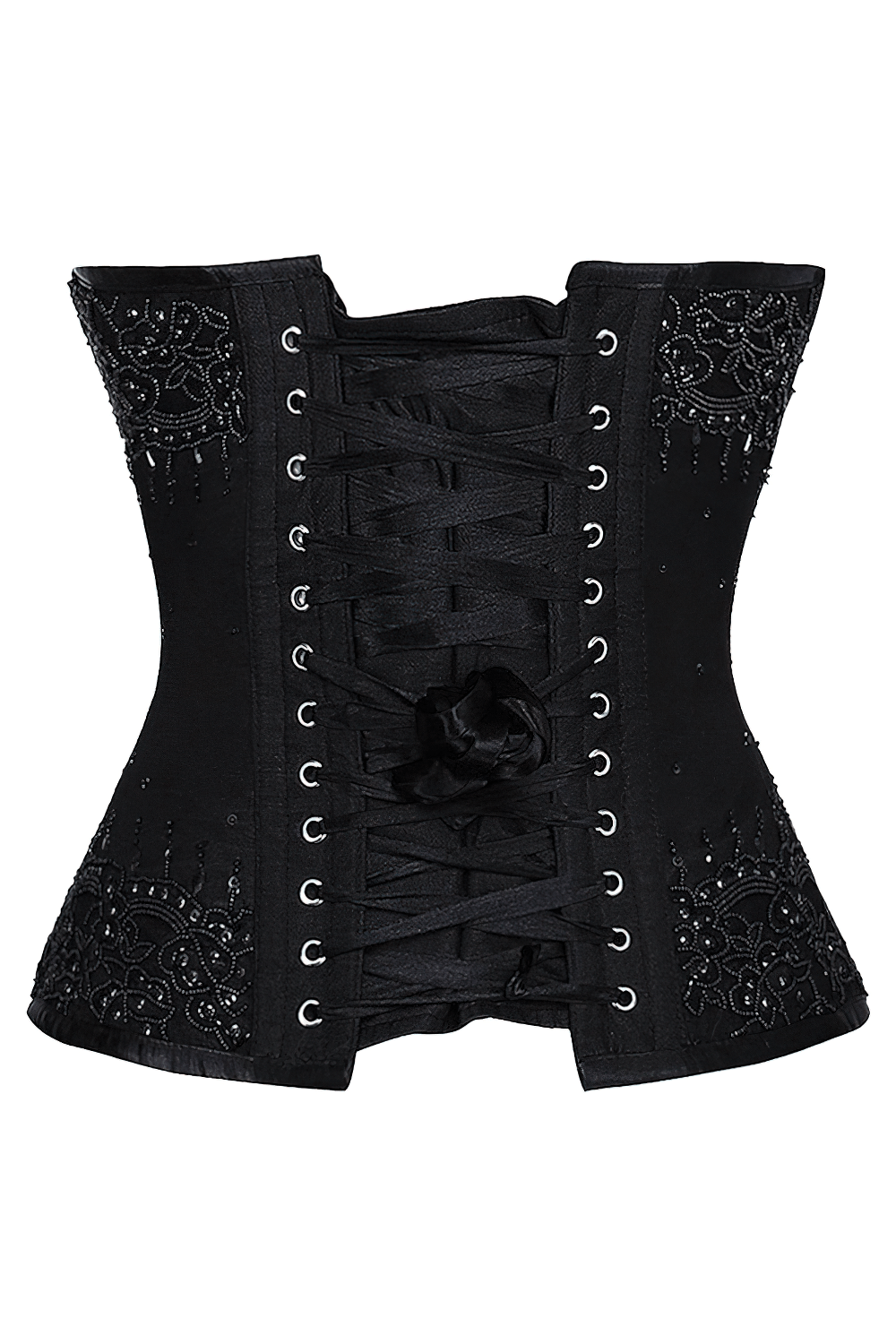 Steel boned black overbust corset with intricate lace-up back and elegant detailing.