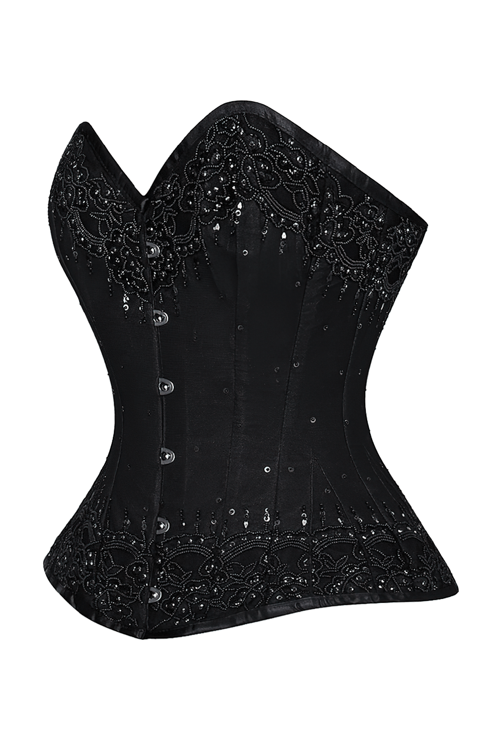 Gothic black overbust corset with sequined floral design and metal busk closure, perfect for shaping and style.