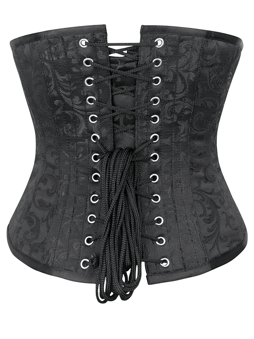 Elegant black brocade corset with flat steel bones, lace-up back, and intricate design for posture support and waist training.