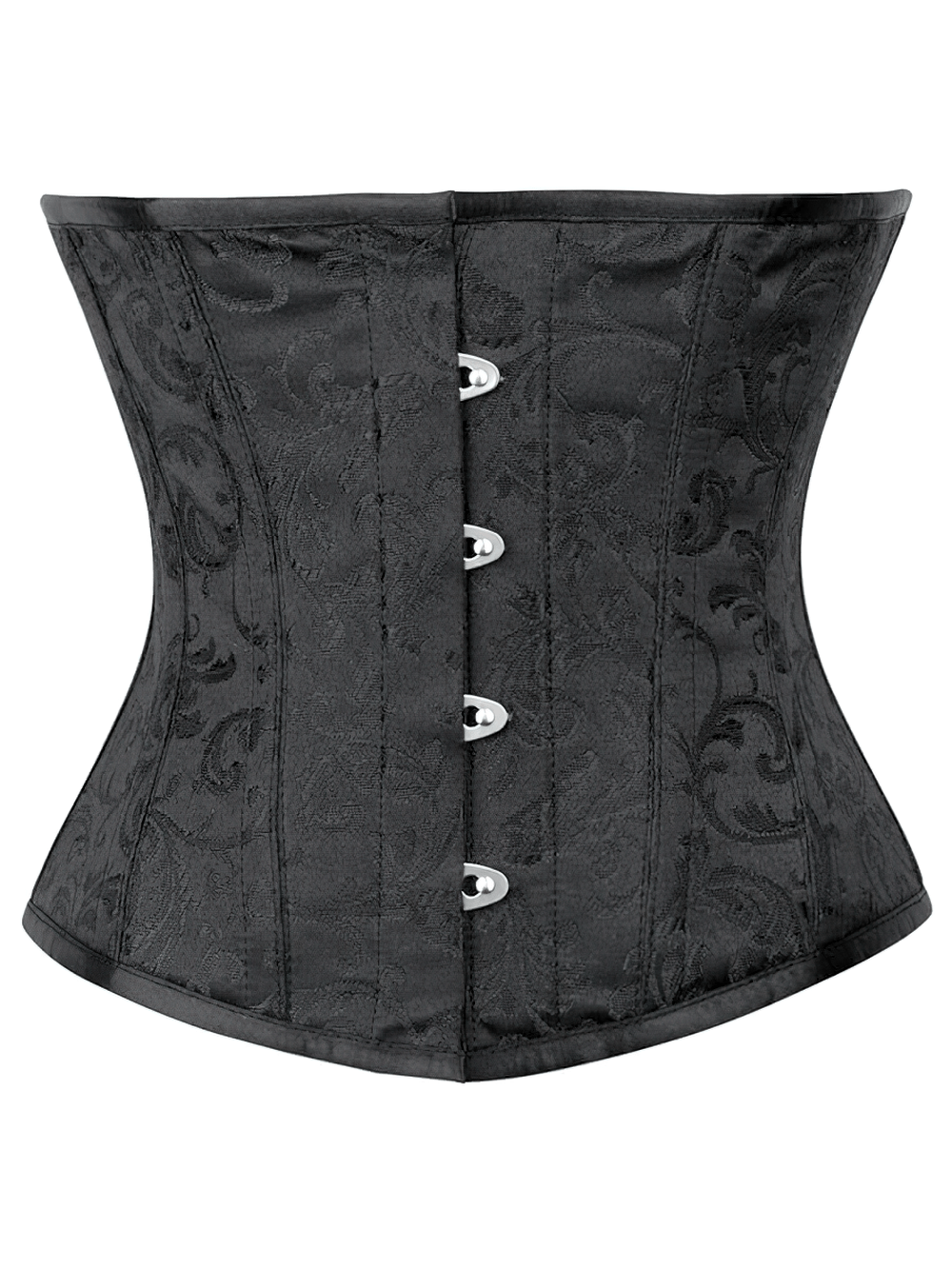 Black brocade waist training corset with flat steel bones and metal busk closure, designed for silhouette and posture support.