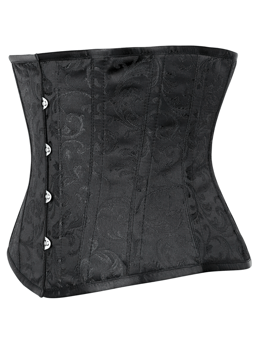 Elegant black brocade waist training corset with flat steel bones and metal busk front.