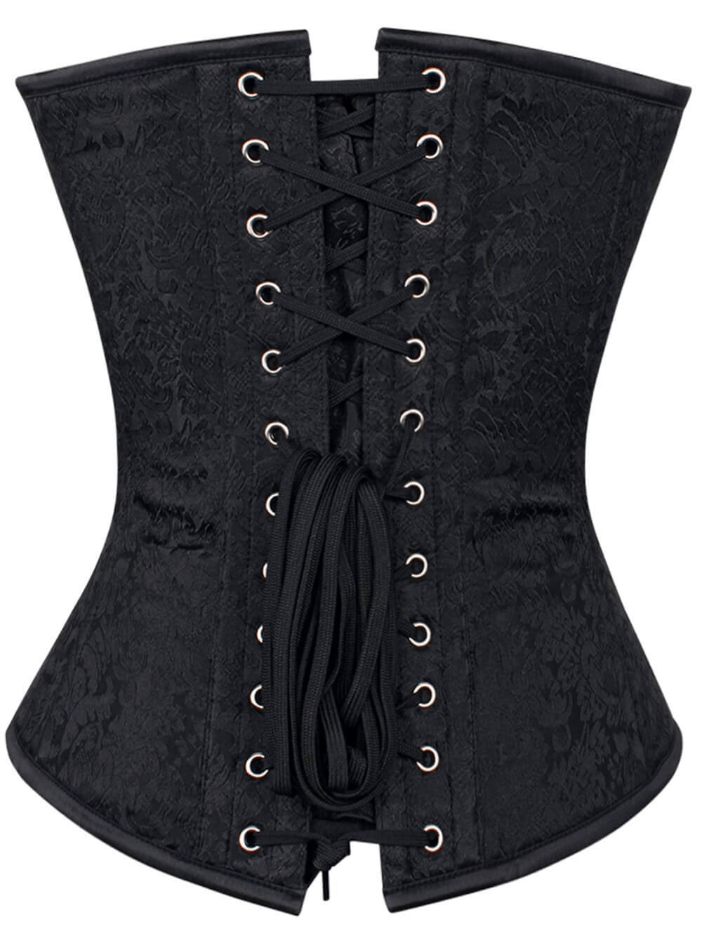 Elegant black brocade overbust corset with lace-up back and steel boning for stylish waist shaping.