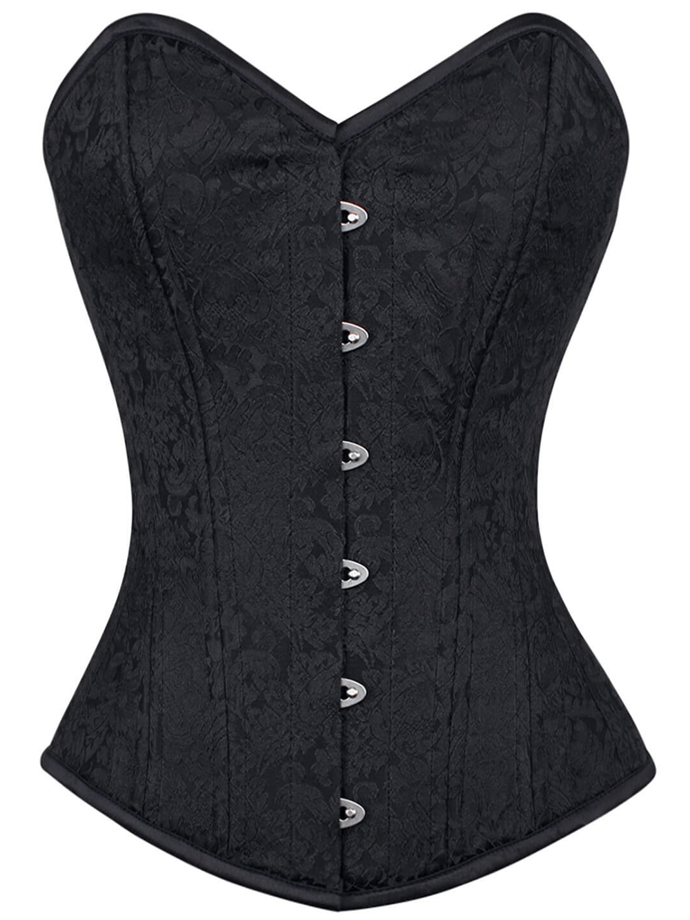 Elegant black brocade steel boned overbust corset for perfect waist shaping.