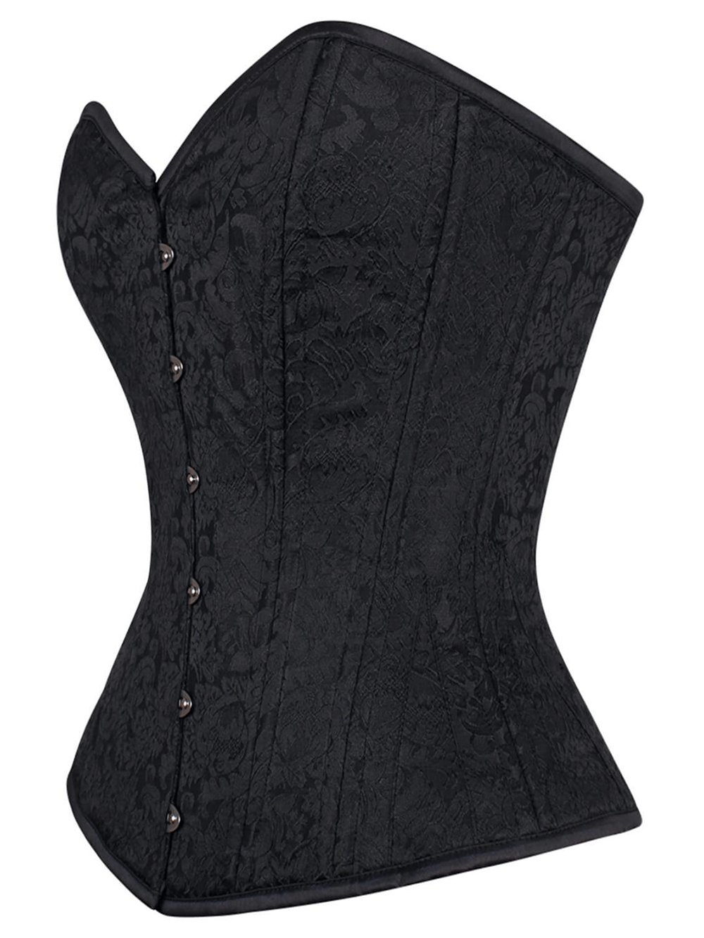 Elegant black brocade overbust corset with steel bones, designed for waist shaping and comfort.