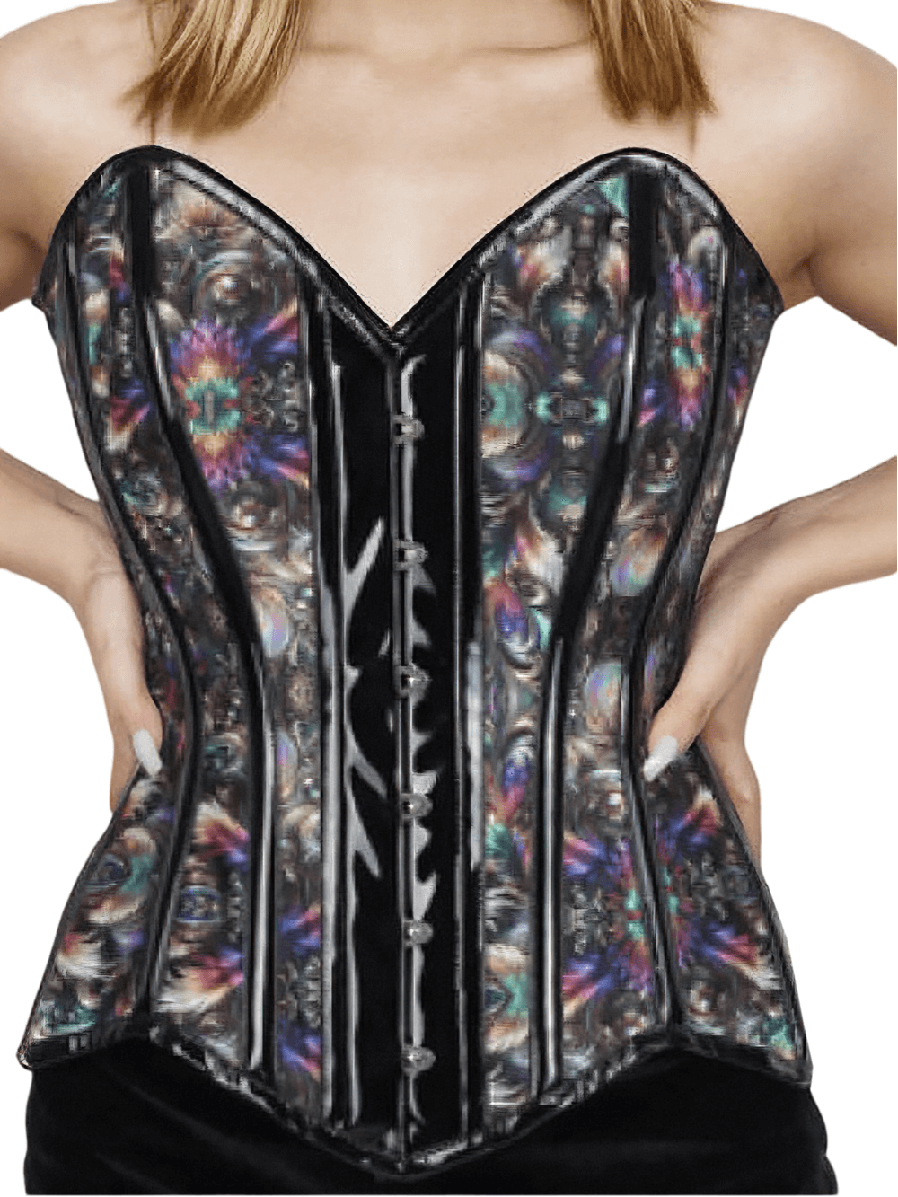 Steel boned overbust corset with vibrant print, featuring front busk closure and adjustable back lacing for a perfect fit.