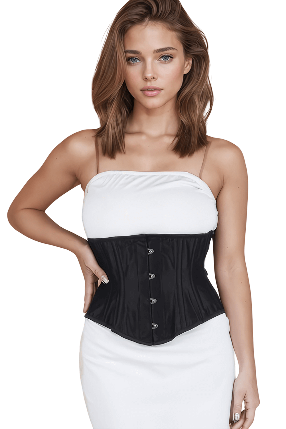 Model wearing a black steel boned waist trainer for body sculpting and hourglass silhouette.