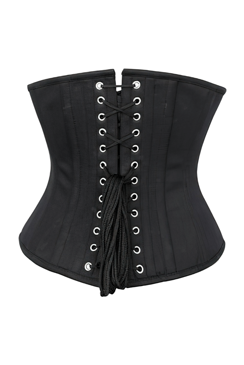 Steel boned waist training corset in sleek black with lacing and back support for hourglass shaping.