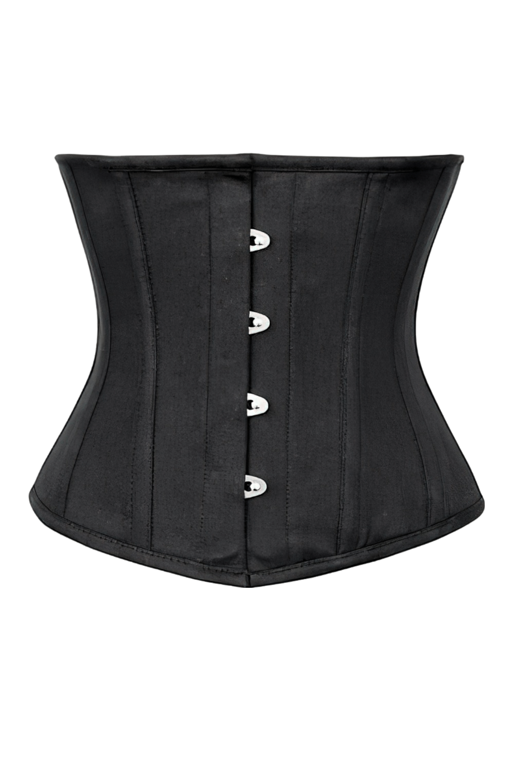 Black steel boned waist training corset with back support and front metal busk closure.