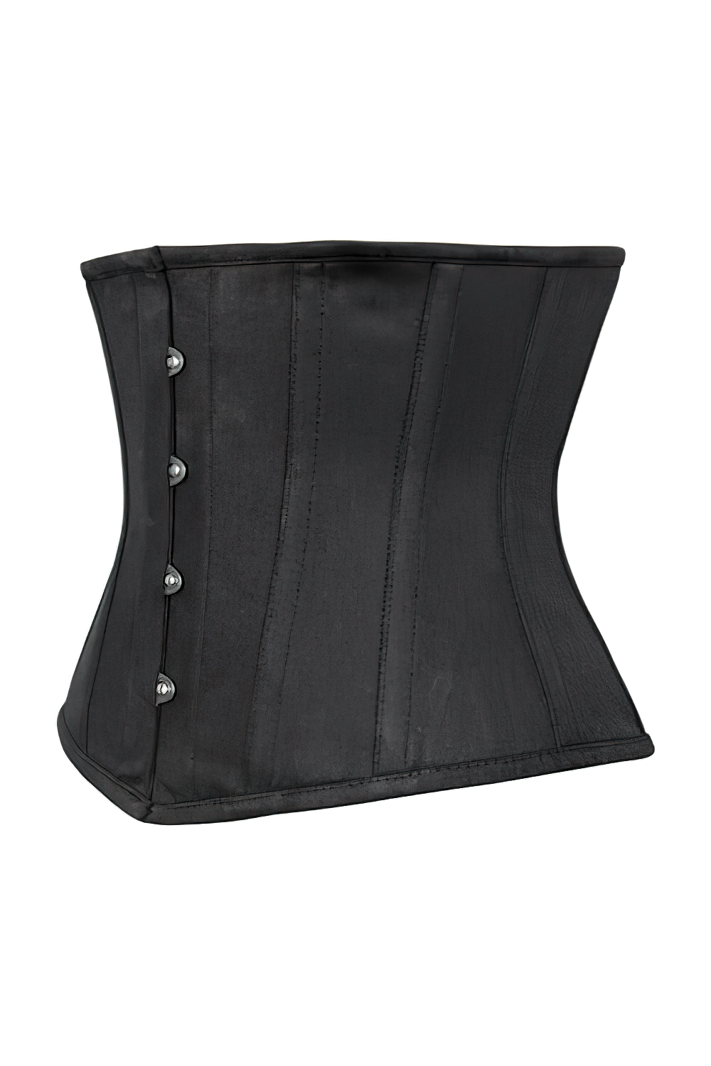 Steel boned black waist training corset with metal busk and back support for posture improvement.