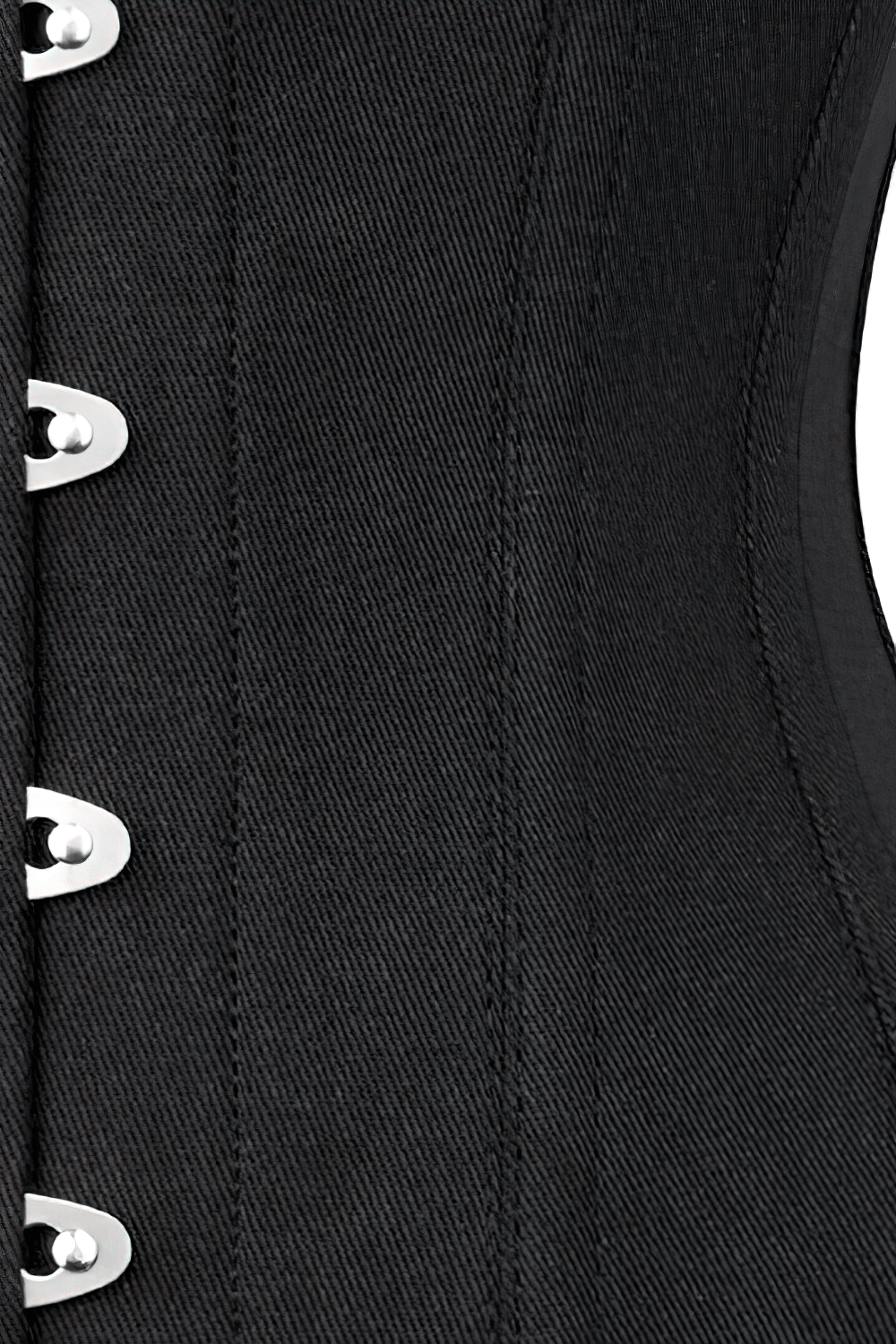 Close-up of a black steel boned corset showcasing lacing and front metal busk closure for waist training.