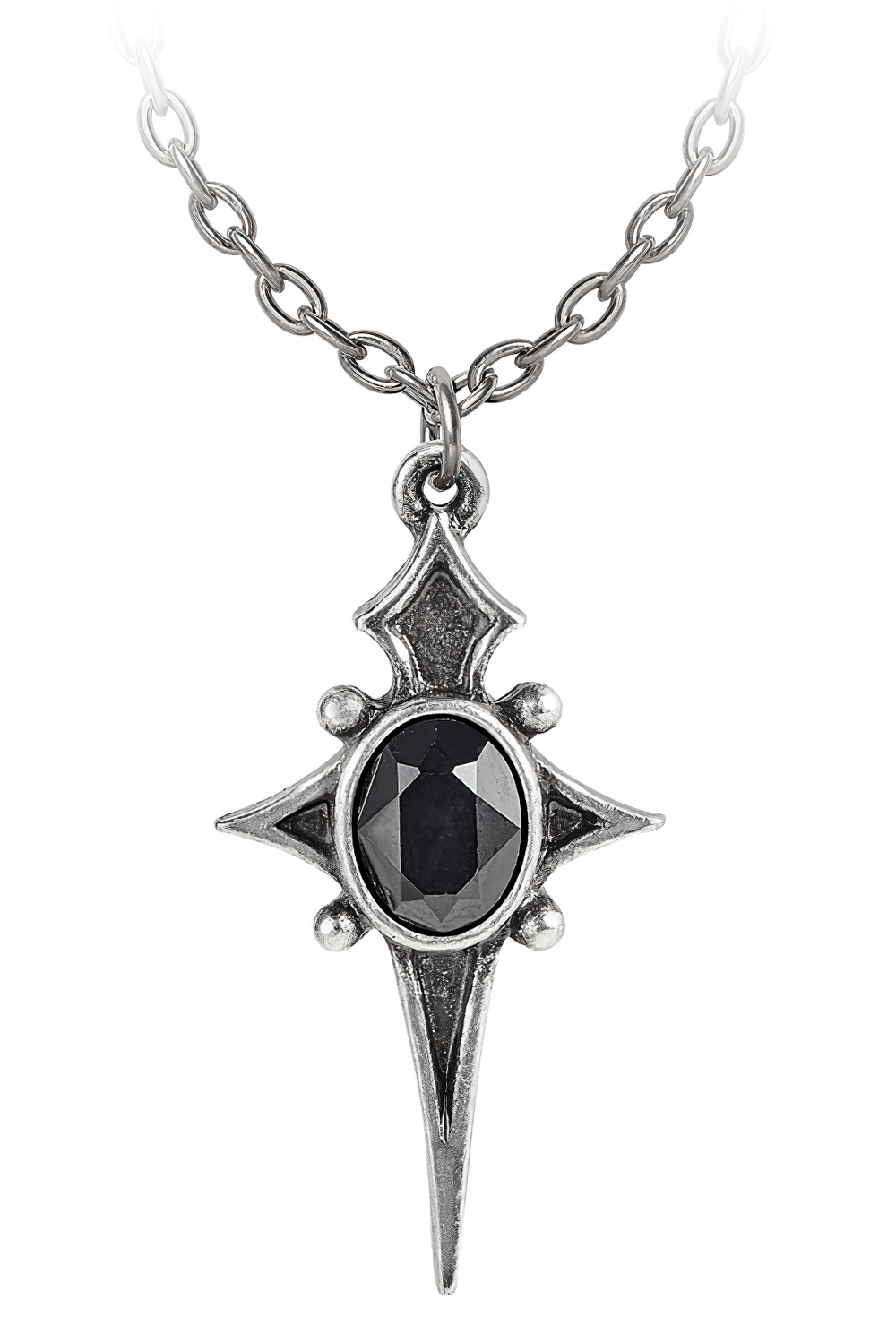 Sterne Leben Pendant: Gothic star cross necklace with black Austrian crystal, handcrafted in antiqued pewter.