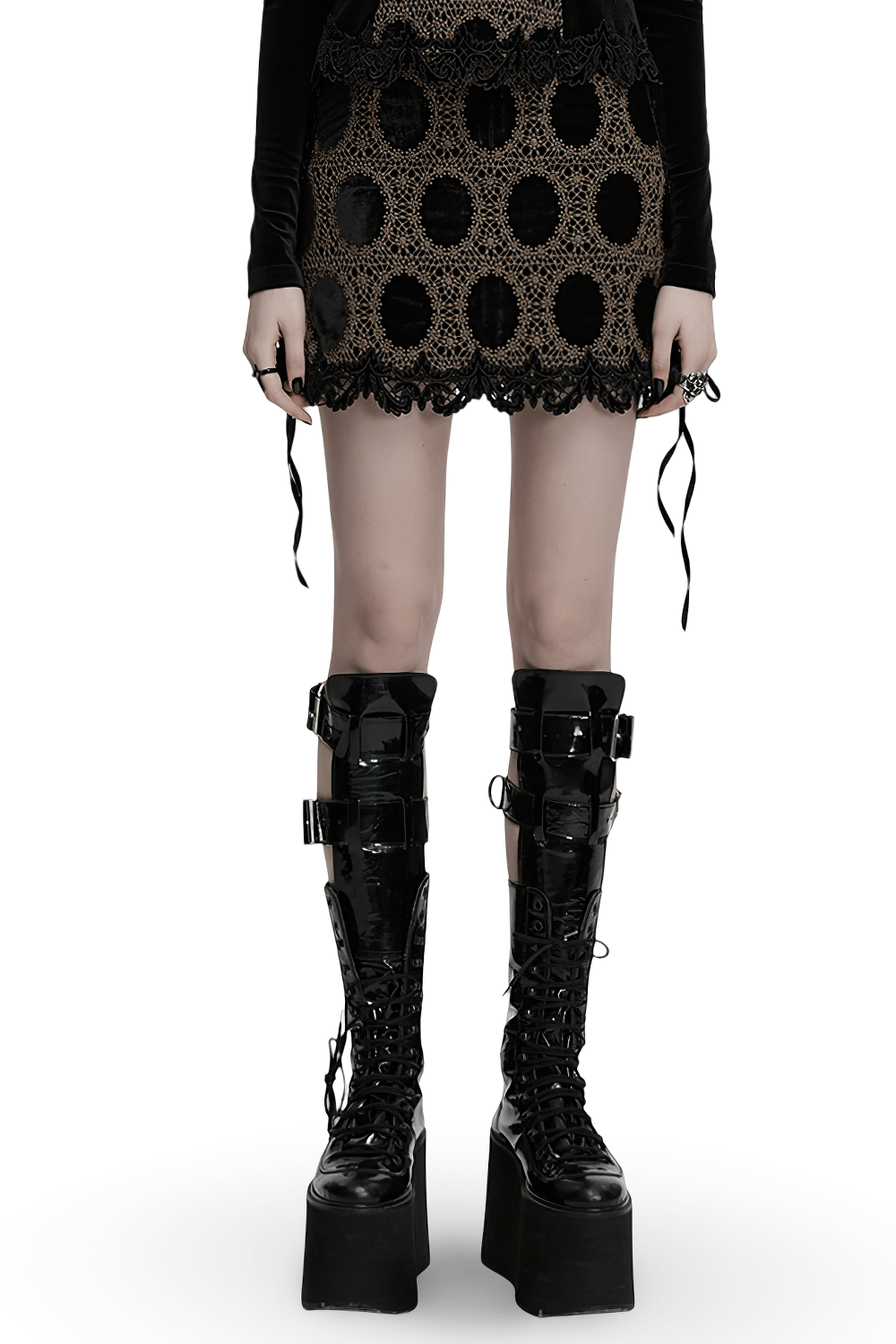 Stylish black-brown lace velvet gothic mini skirt paired with edgy platform boots.