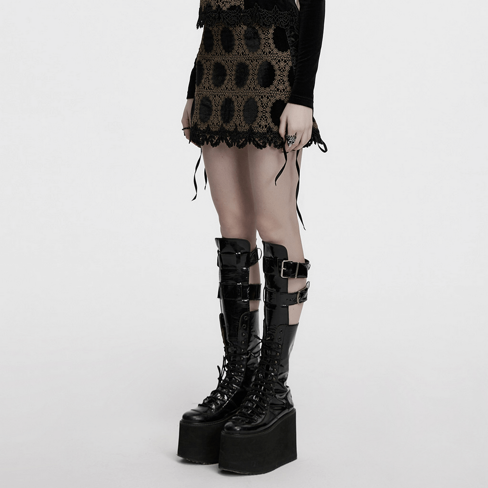 Gothic mini skirt in black and brown lace paired with trendy platform boots, showcasing a stylish dark fashion look.