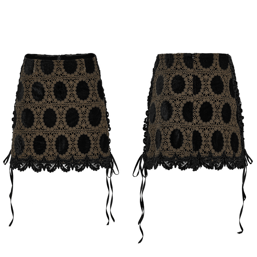 Stylish black-brown lace velvet gothic mini skirt featuring playful ties and intricate design.