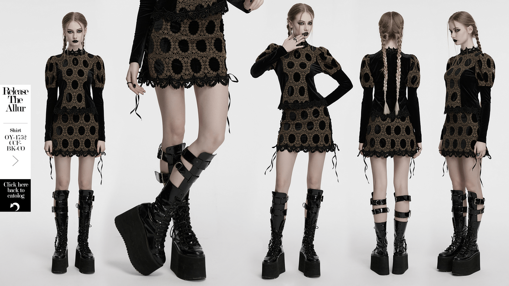 Stylish black-brown lace velvet gothic mini skirt showcased from multiple angles, paired with platform boots.