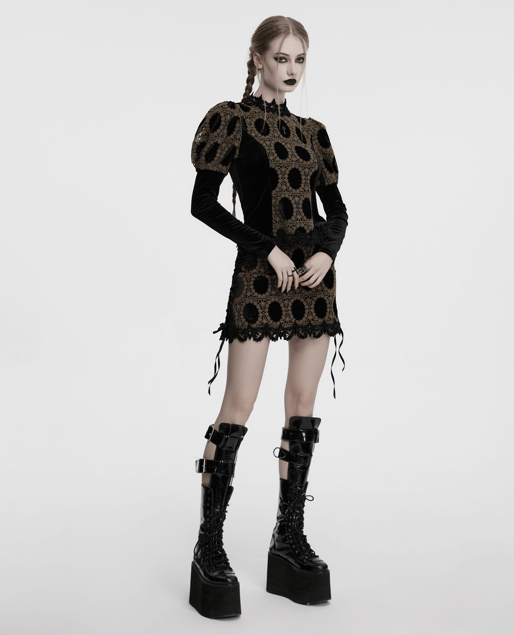 Gothic mini skirt in black and brown lace velvet, paired with edgy lace-up platform boots for a stylish look.