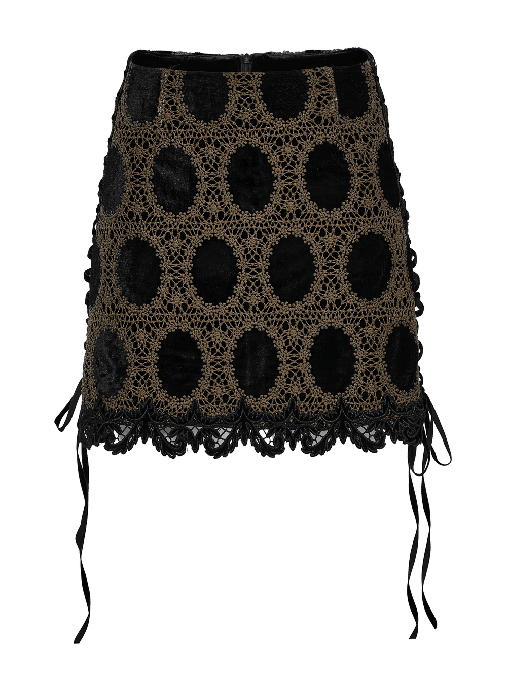 Chic black-brown lace velvet gothic mini skirt featuring intricate patterns and stylish ribbon ties.