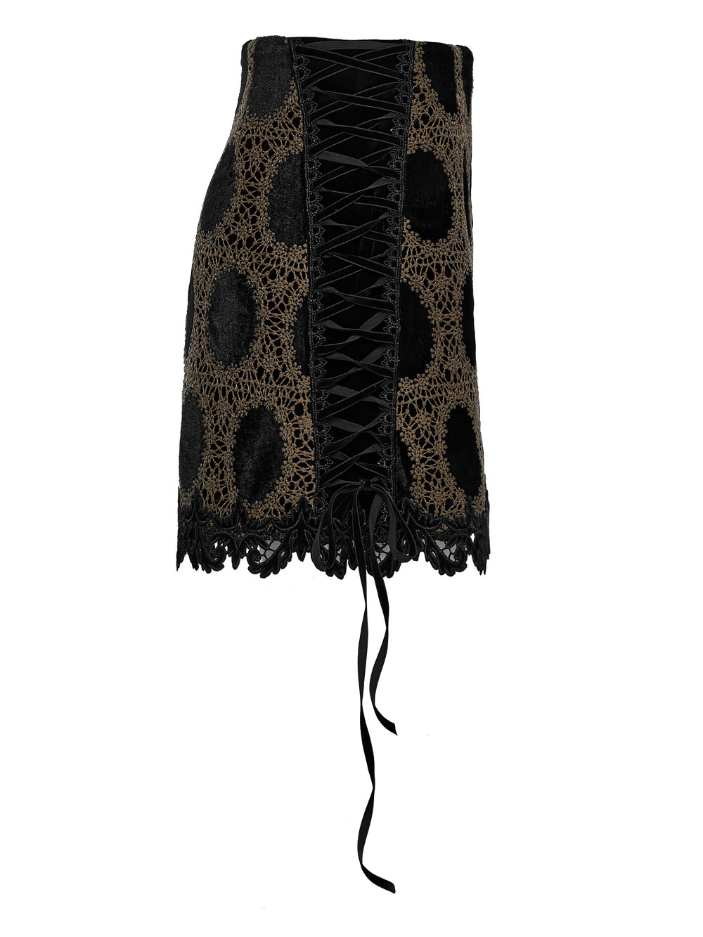 Stylish black-brown lace velvet gothic mini skirt with a lace-up front and intricate detailing for a chic look.